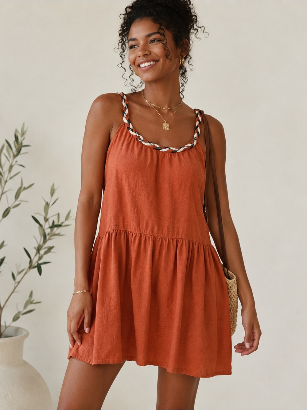 Marine Layer Rust Braided-Trim Mini Sundress